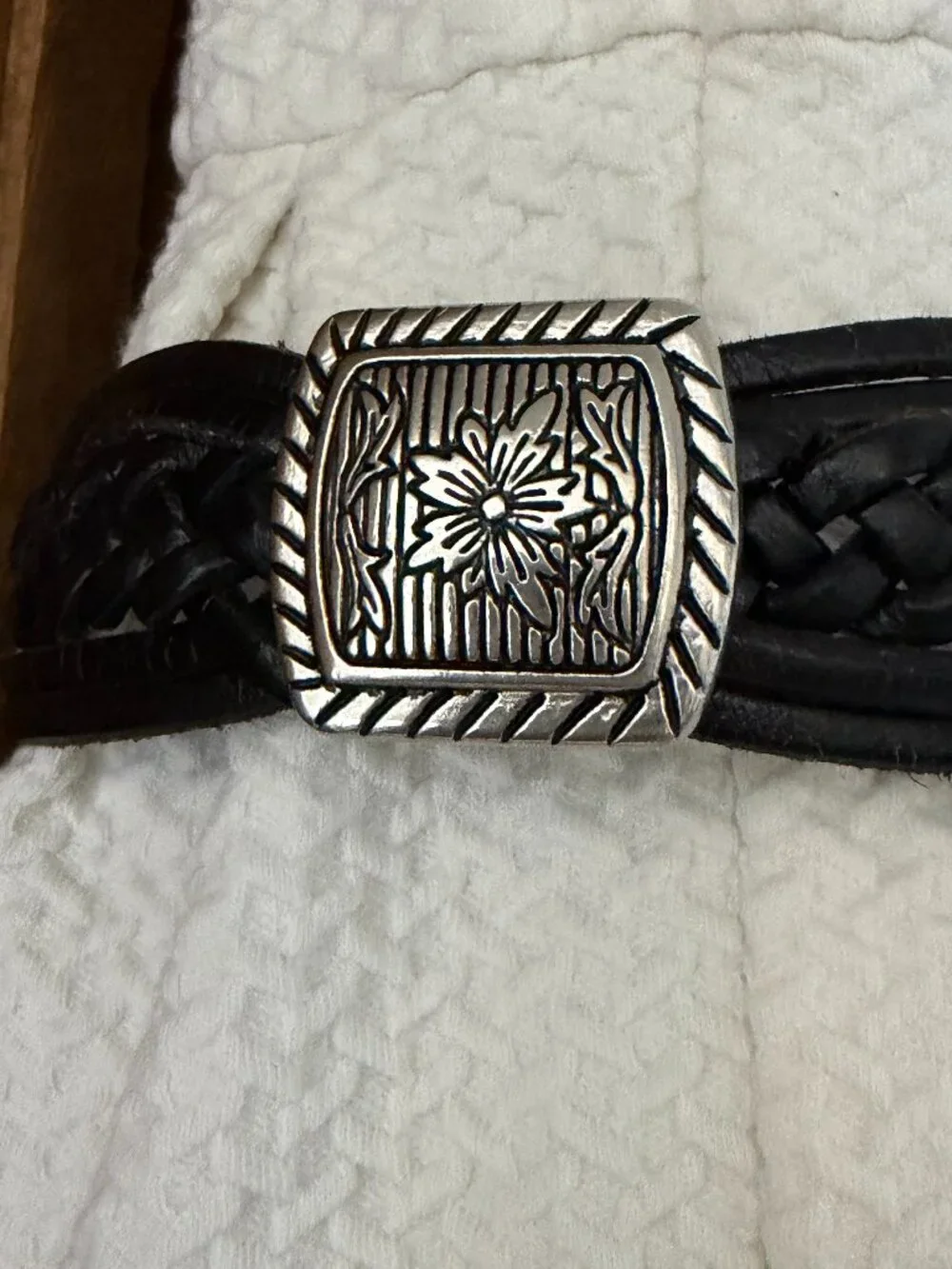 Vintage boho silver medallions genuine leather woven belt Sz S edelweiss